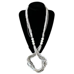 VINTAGE Flapper long Glass beaded necklace or choker White glass silver Glamour